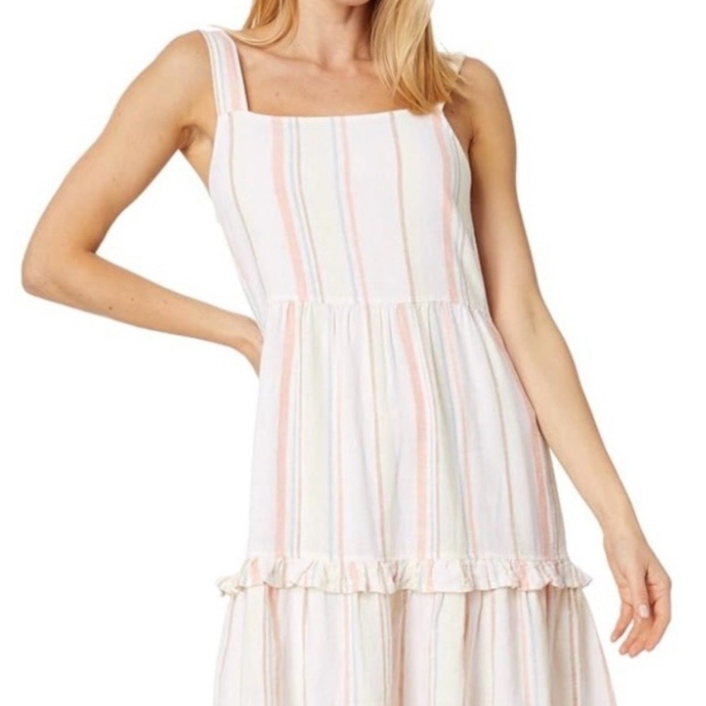 Bobi LA Square Neck Tiered -SZ M- Cream Multicolored Striped Linen Rayon Dress